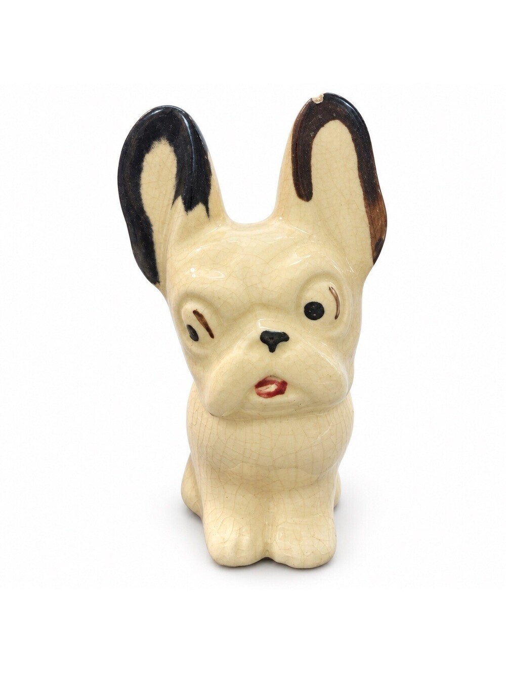 Vintage Ceramic French Bulldog Figurine Cream Crackle Glaze Ear Chip